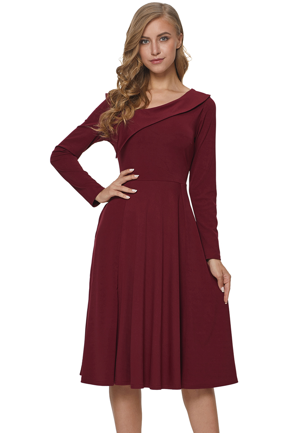 BY610388-3 Burgundy Retro Inspired Asymmetric Collar Flared Dress